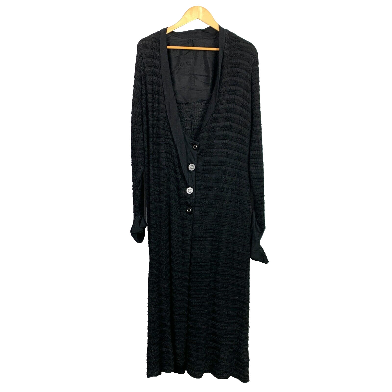 Vintage 1940s Heavy Black Knit Deep Vee Black Flapper Dress Chest 35″ DAMAGE