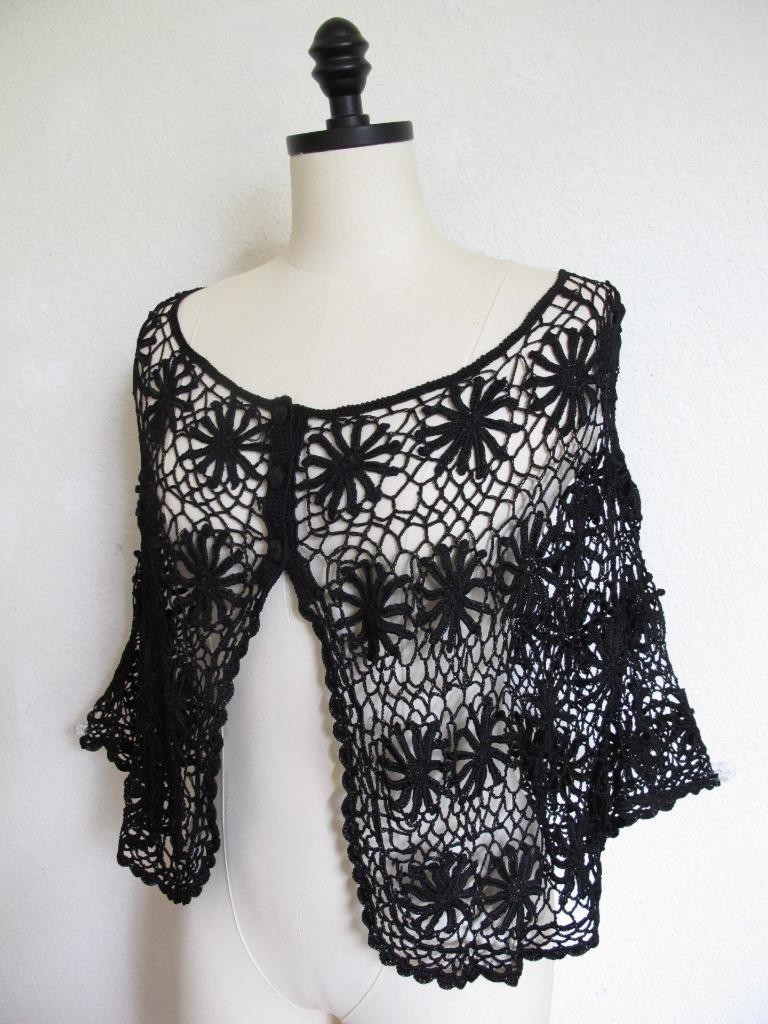 Vintage Hand Crocheted Black Capelet Topper S XS M Boho Chic GrannyCore