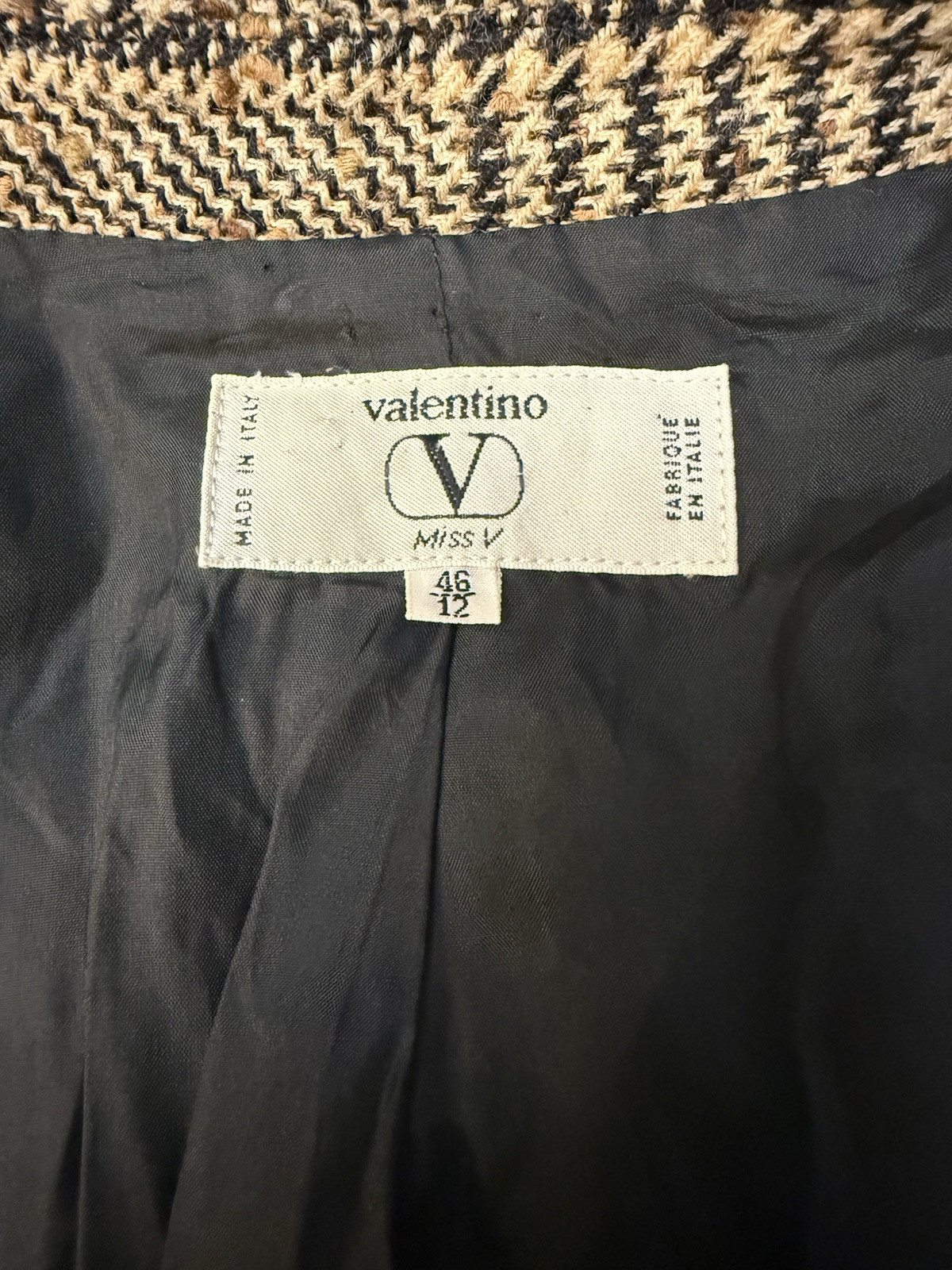 VINTAGE 1980’S Houndstooth WOOL JACKET padded shoulders VALENTINO Italy sz 46 12