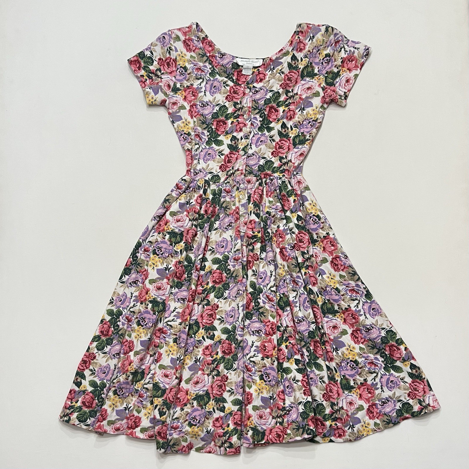 Vintage 80s Michelle Stuart Floral Sun Dress Sz SP Cottagecore Tea Length