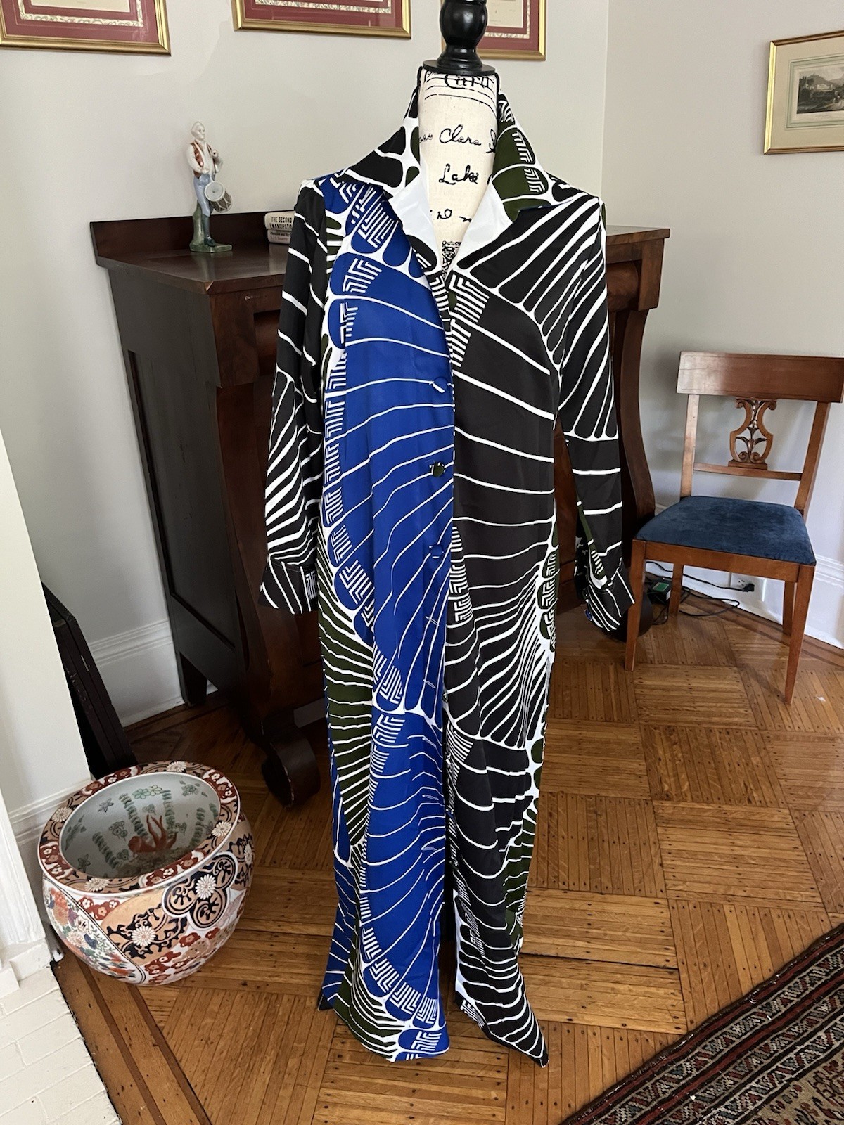 Vtg LANVIN Maxi Shirt Dress Geometric Feather print blue green black Sz 18 XL