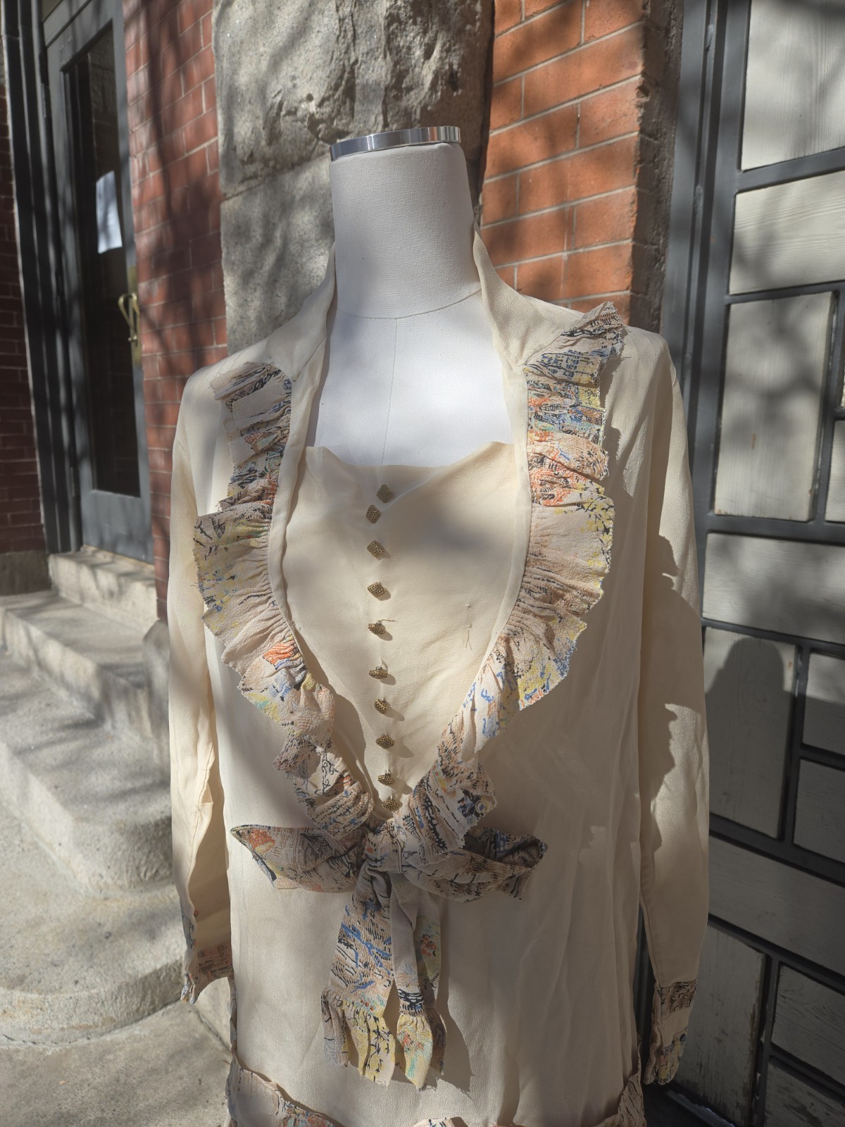 VTG 1920s FLAPPER DRESS Silk Impressionist City Scene Print 40B Drop Waist AS IS