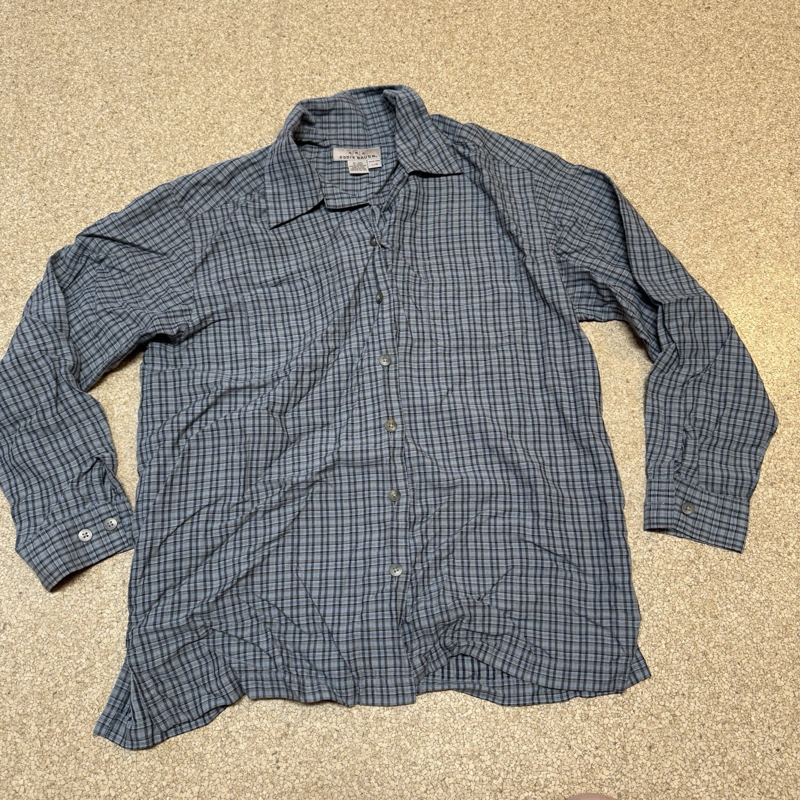 Two (2) Vintage Eddie Bauer Women’s Long Sleeve Plaid Shirts Size Lg Blue Purple