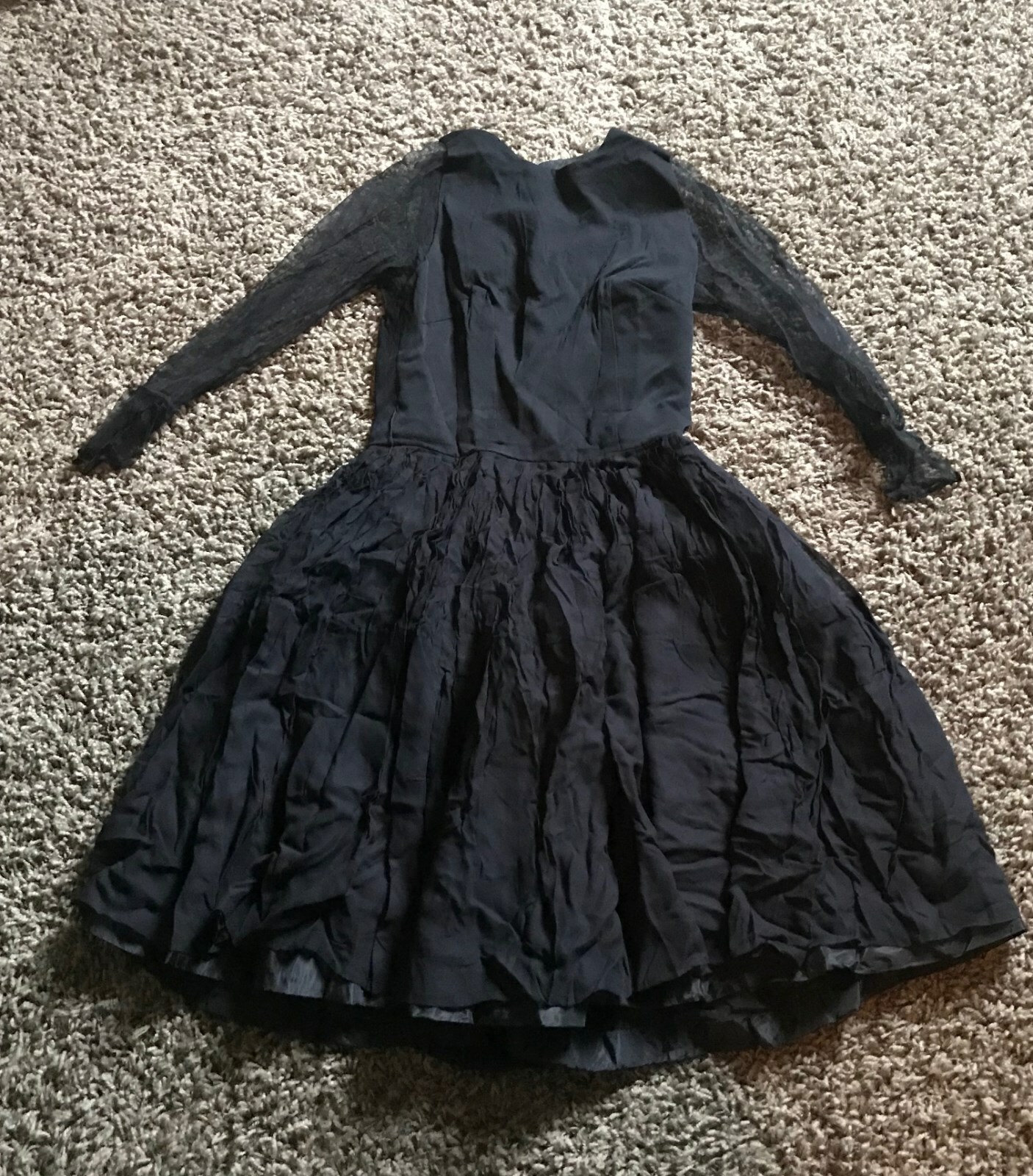 Vintage Handmade Black Flare Dress Sheer Sleeve Audrey Hepburn Style 50s 60s