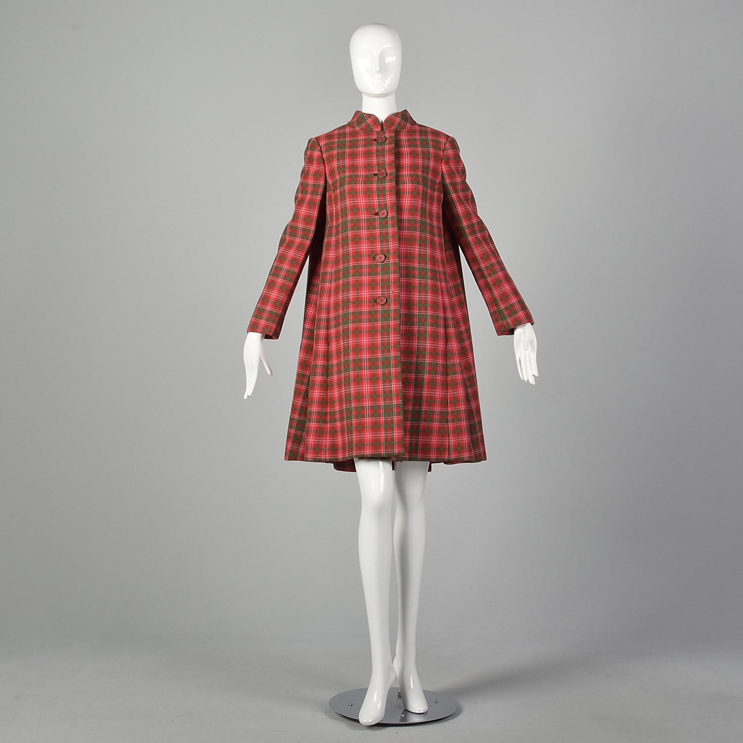 M Geoffrey Beene Red Swing Coat 1960s Green Plaid Heavyweight Jacket 60s VTG