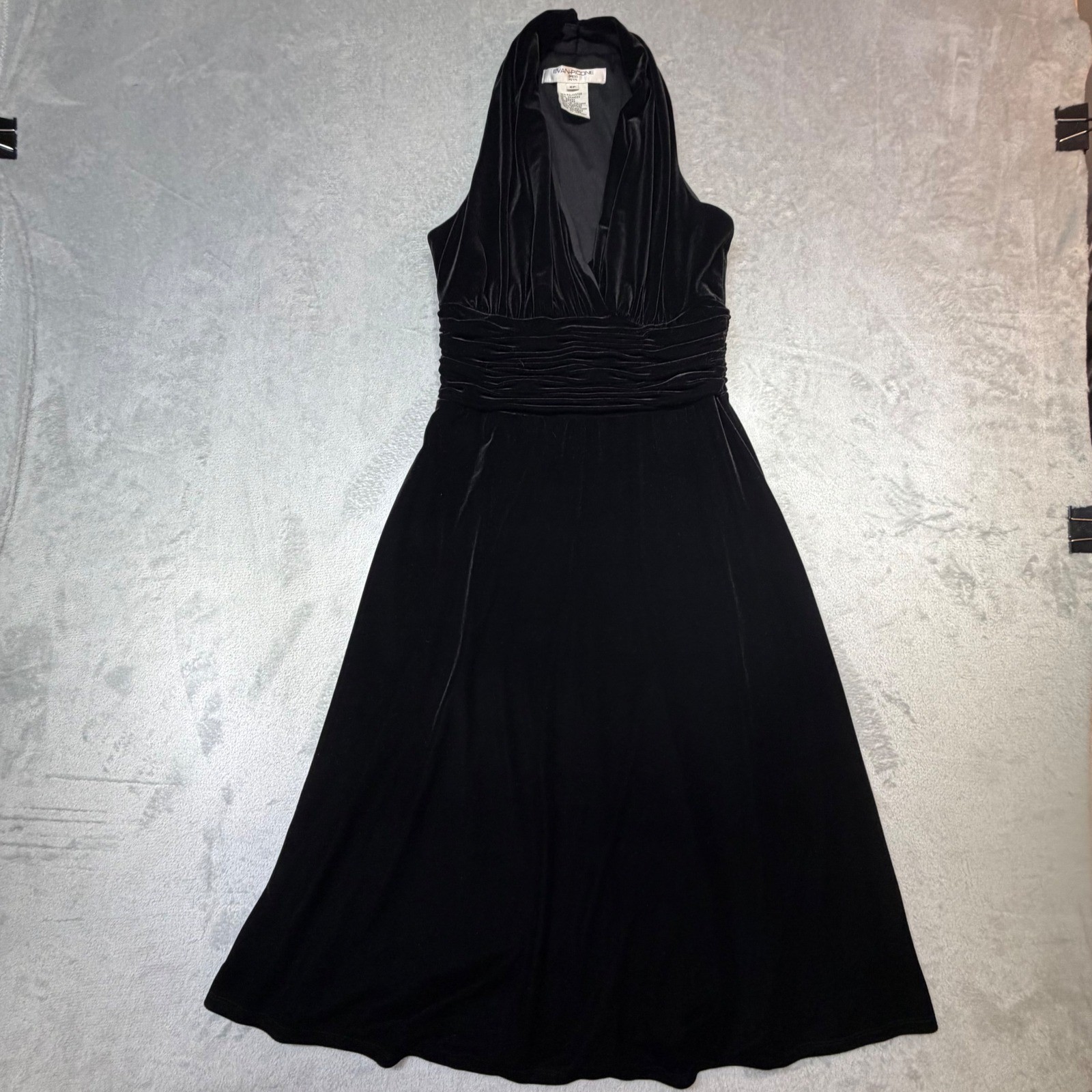 Vintage Evan-Picone Black Velvet Halter Midi Dress Size 6P 90s Cocktail Ruched