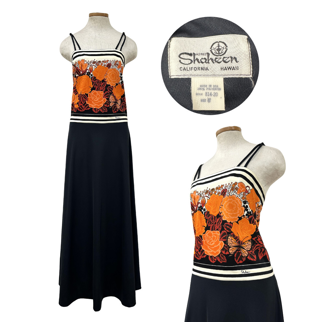 Vintage 1970s Alfred Shaheen Orange Floral Striped Drop Waist Maxi Dress