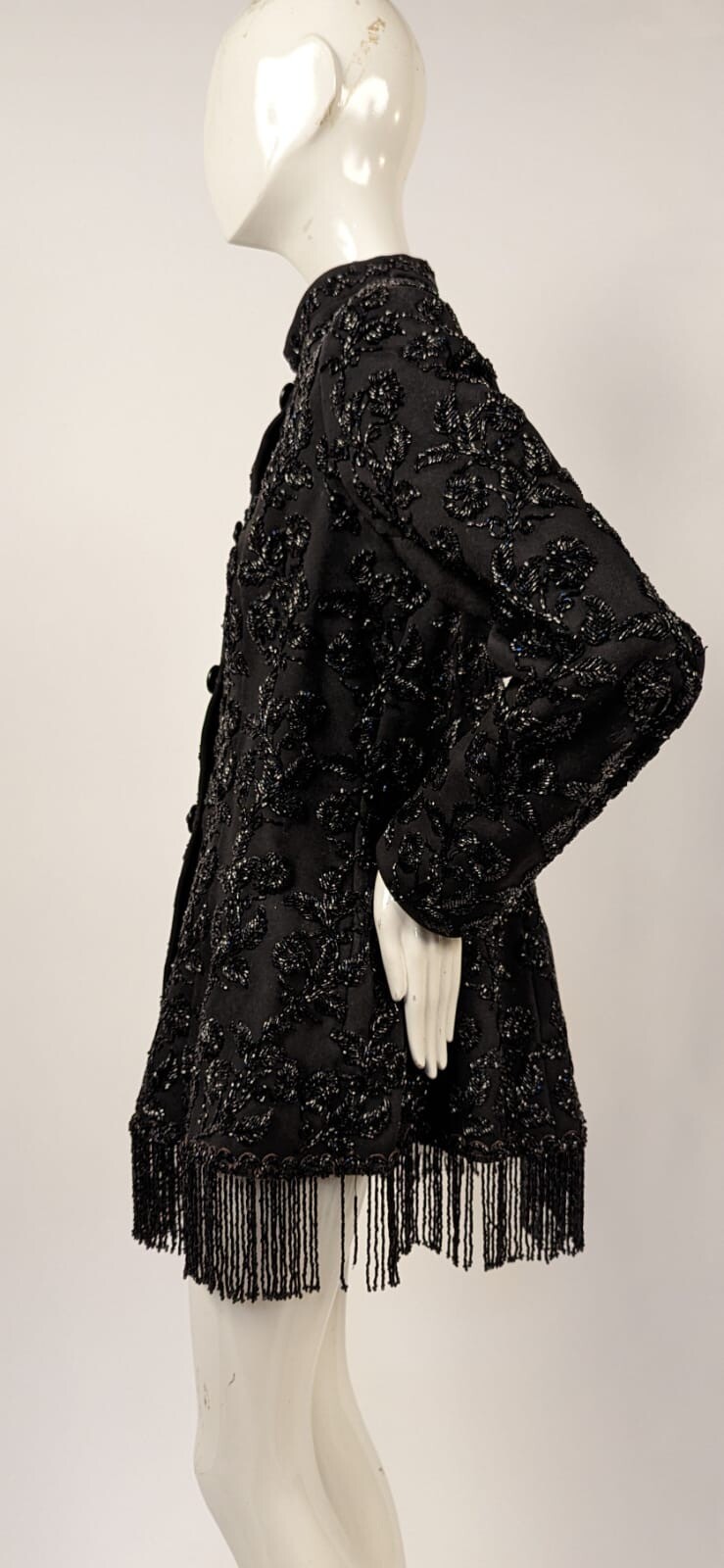 VICTORIAN 1880’S VERY HEAVY WOOL BUSTLE JACKET W FLORAL JET BEAD + FRINGE