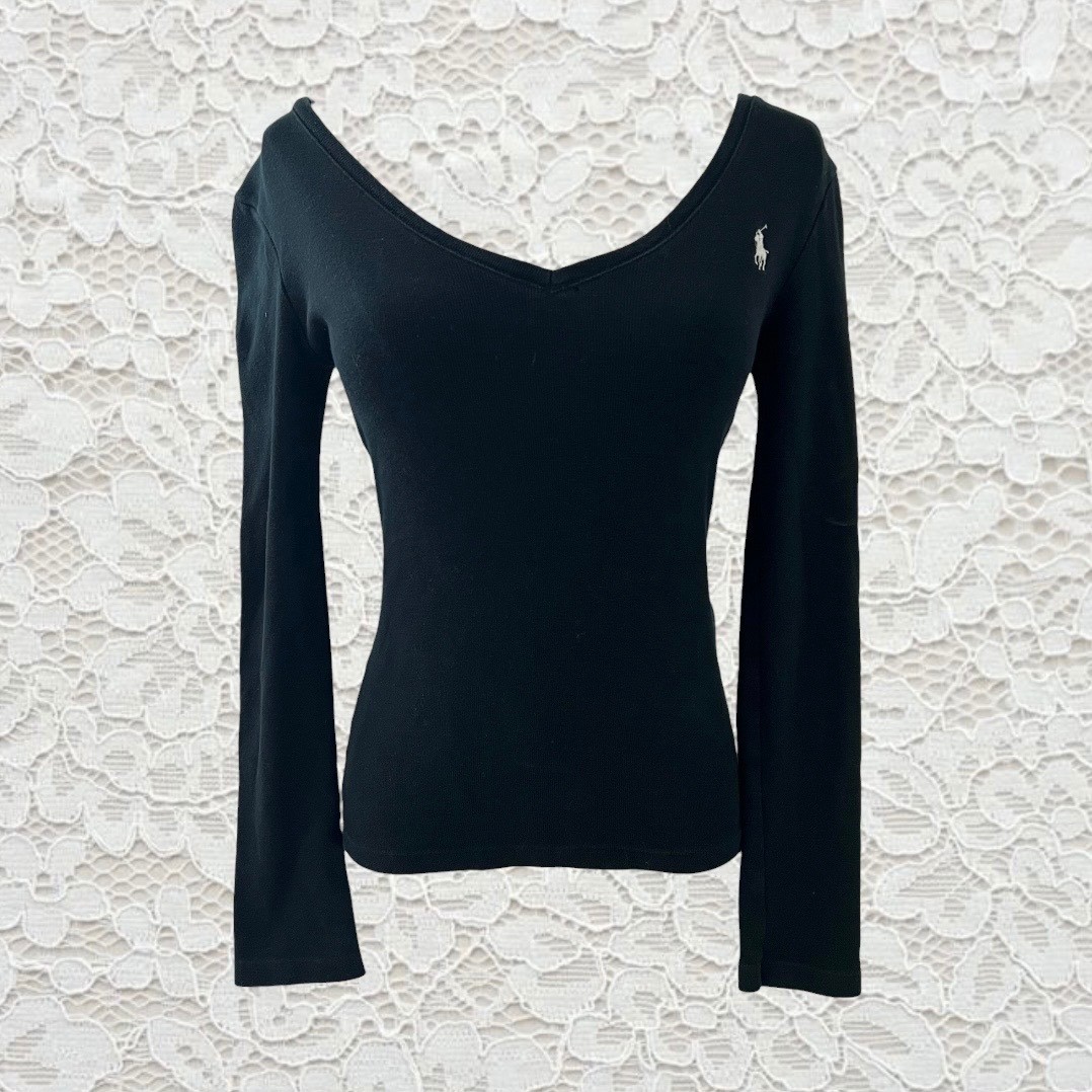 vintage ralph lauren black fitted long sleeve top with white logo
