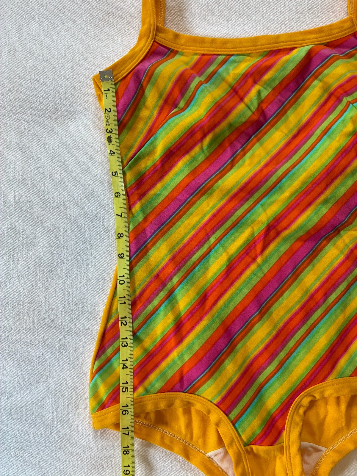 Vintage 70s 80s Neon Striped One Piece Swimsuit Bodysuit S/M