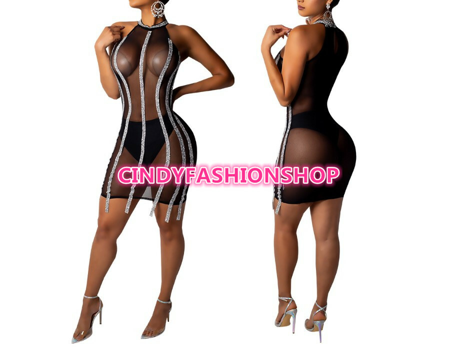 Women Mesh Sheer Patchwork Perspective Casual Body con Club Mini Dress B9