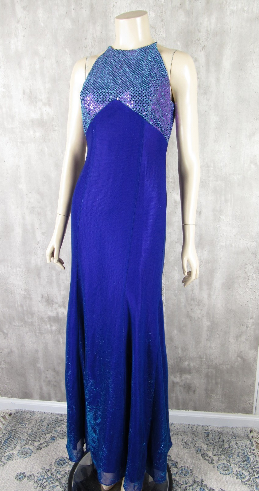 Vintage 90s Metallic Sequin Steppin Out Bias Cut Halter Maxi Prom Dress M