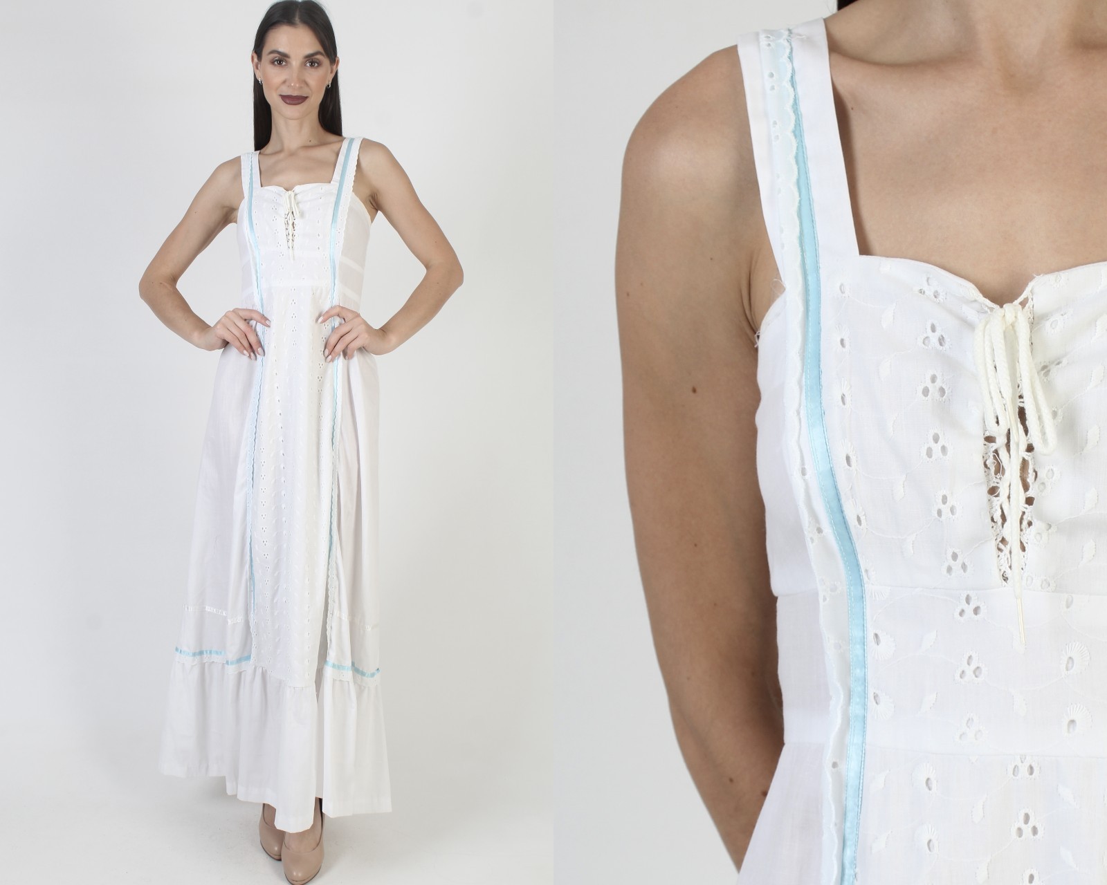 Vtg White Corset Dress 70s Prairie Cottagecore Peasant Embroidered Eyelet Maxi