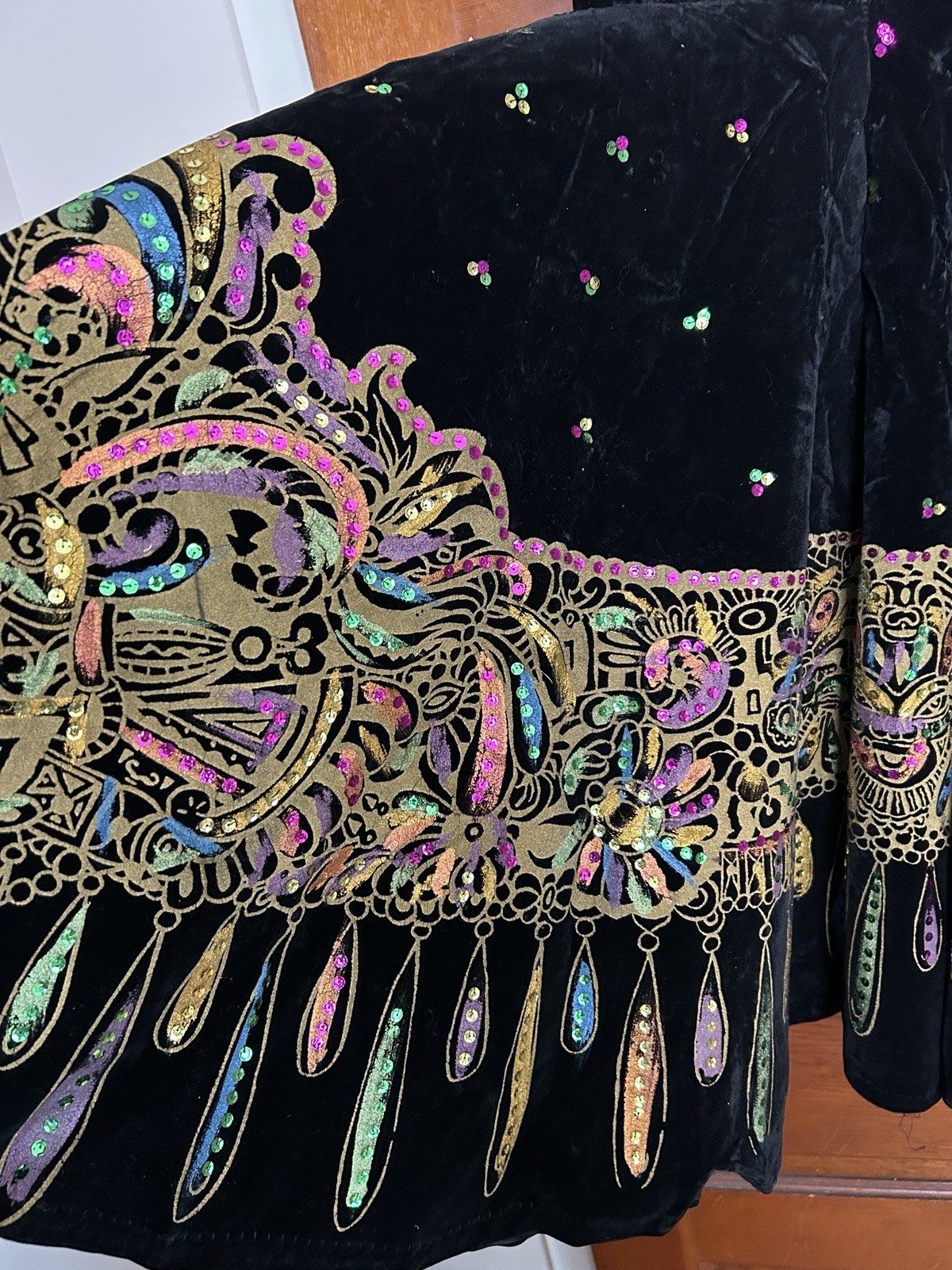 Vintage Mexican Velvet Folklorico Skirt/Blouse Set Cinco de Mayo Top 116″ Sweep