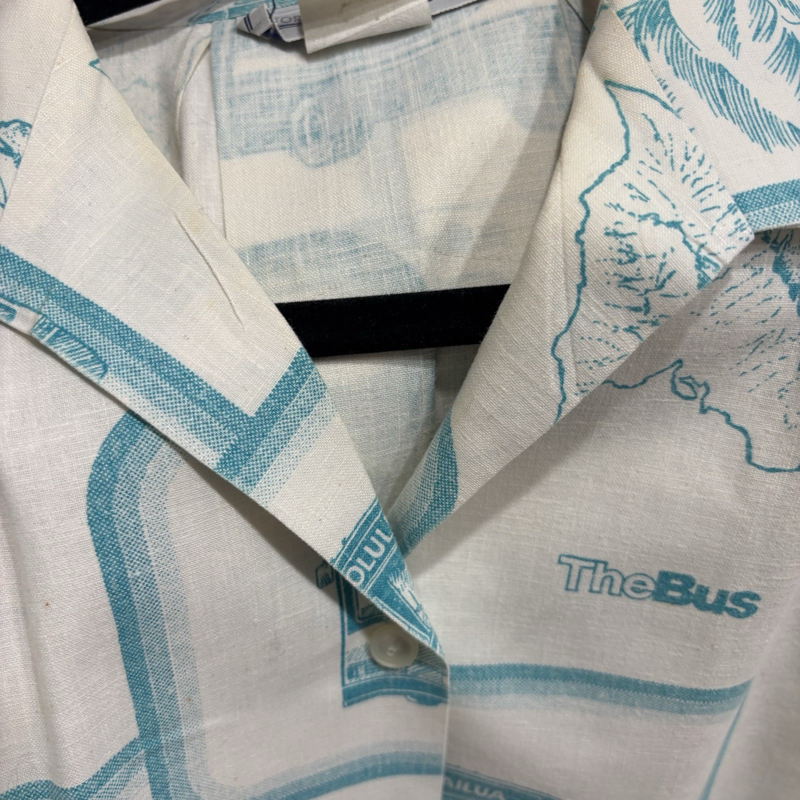 Vintage Hawaiian Aloha TheBus Bus Driver Uniform Shirt White Teal Size 14