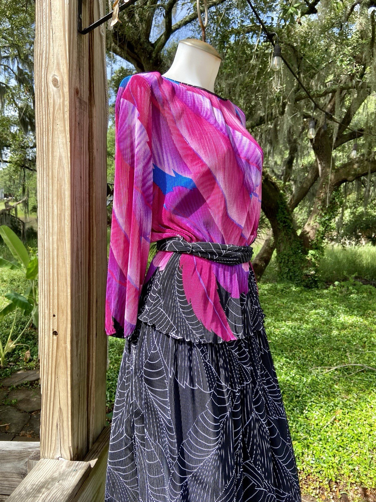 Vintage VIRGINIE PARIS Plisse Top Skirt Set Magenta Pink Black Dress Sz M