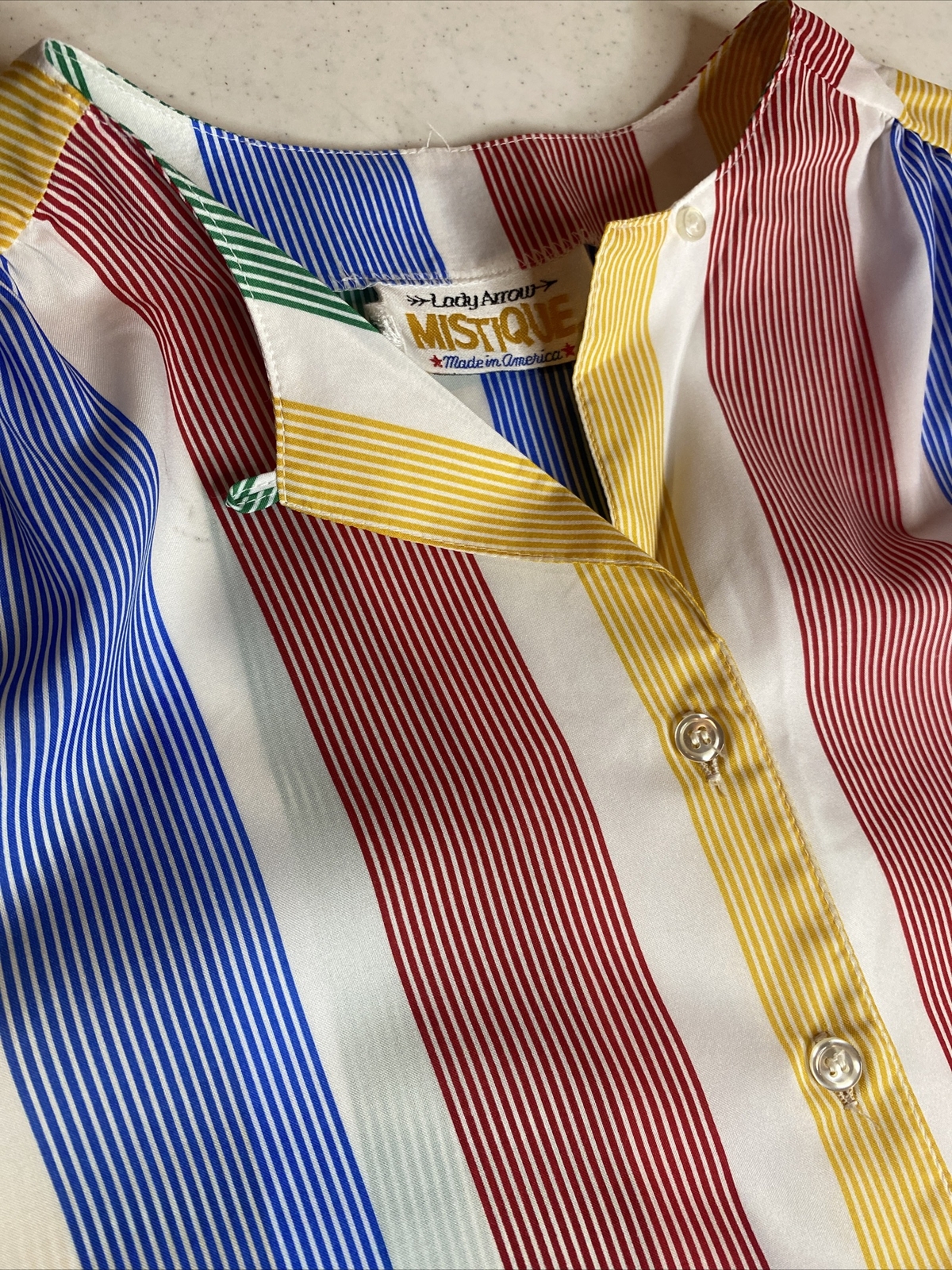 Vtg Rainbow Button Up Short Sleeve Top Blouse USA Made Lady Arrow Mistique