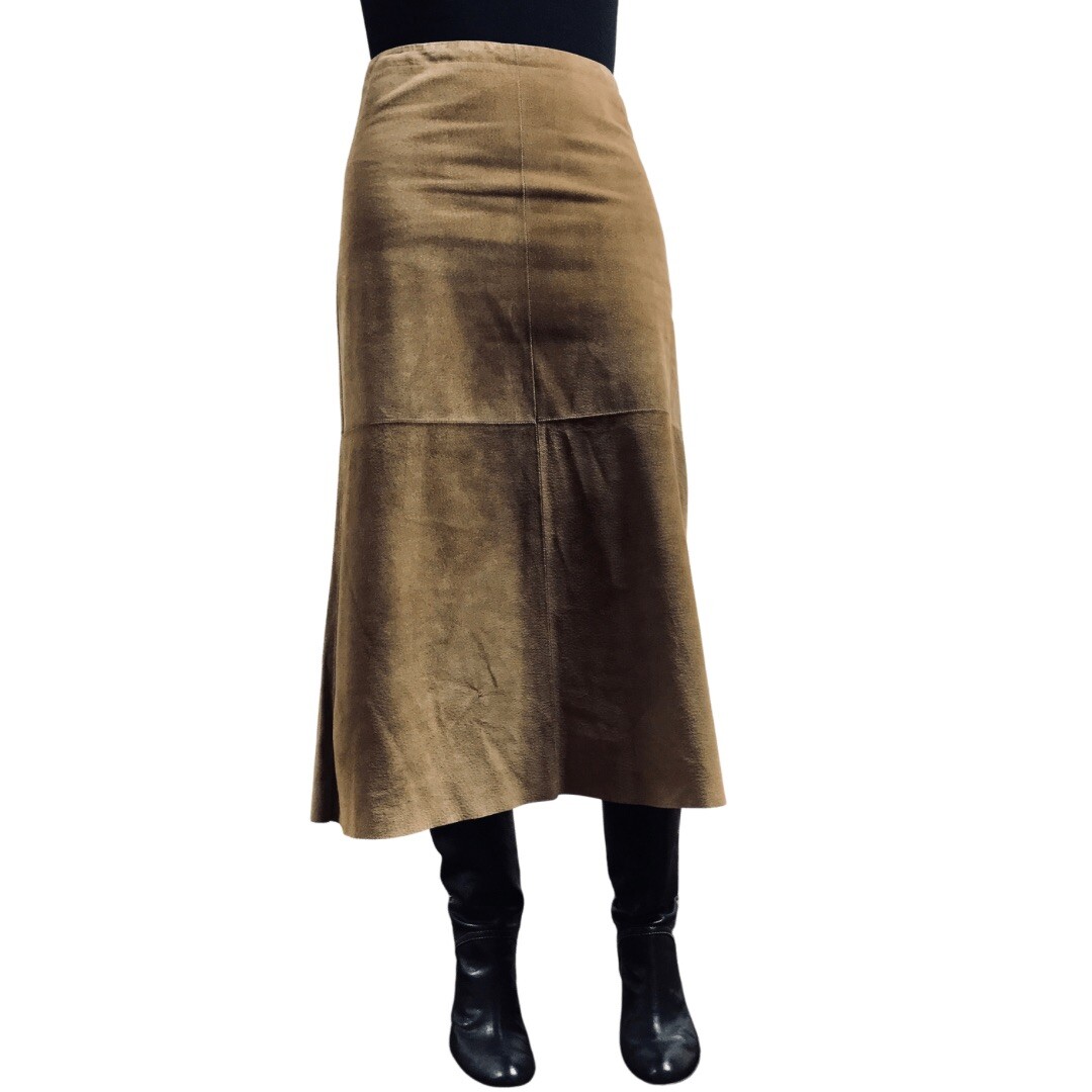 Rozae Nichols Brown Suede A Line Patchwork Midi Skirt Raw Hem 90’s Vintage M