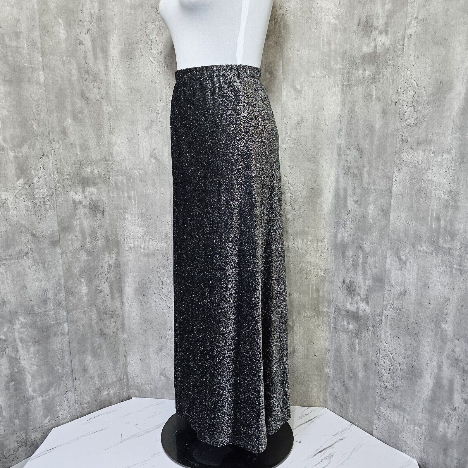 Vintage 70s Black Silver Metallic Maxi Skirt Lurex Sparkle Evening Glam Party