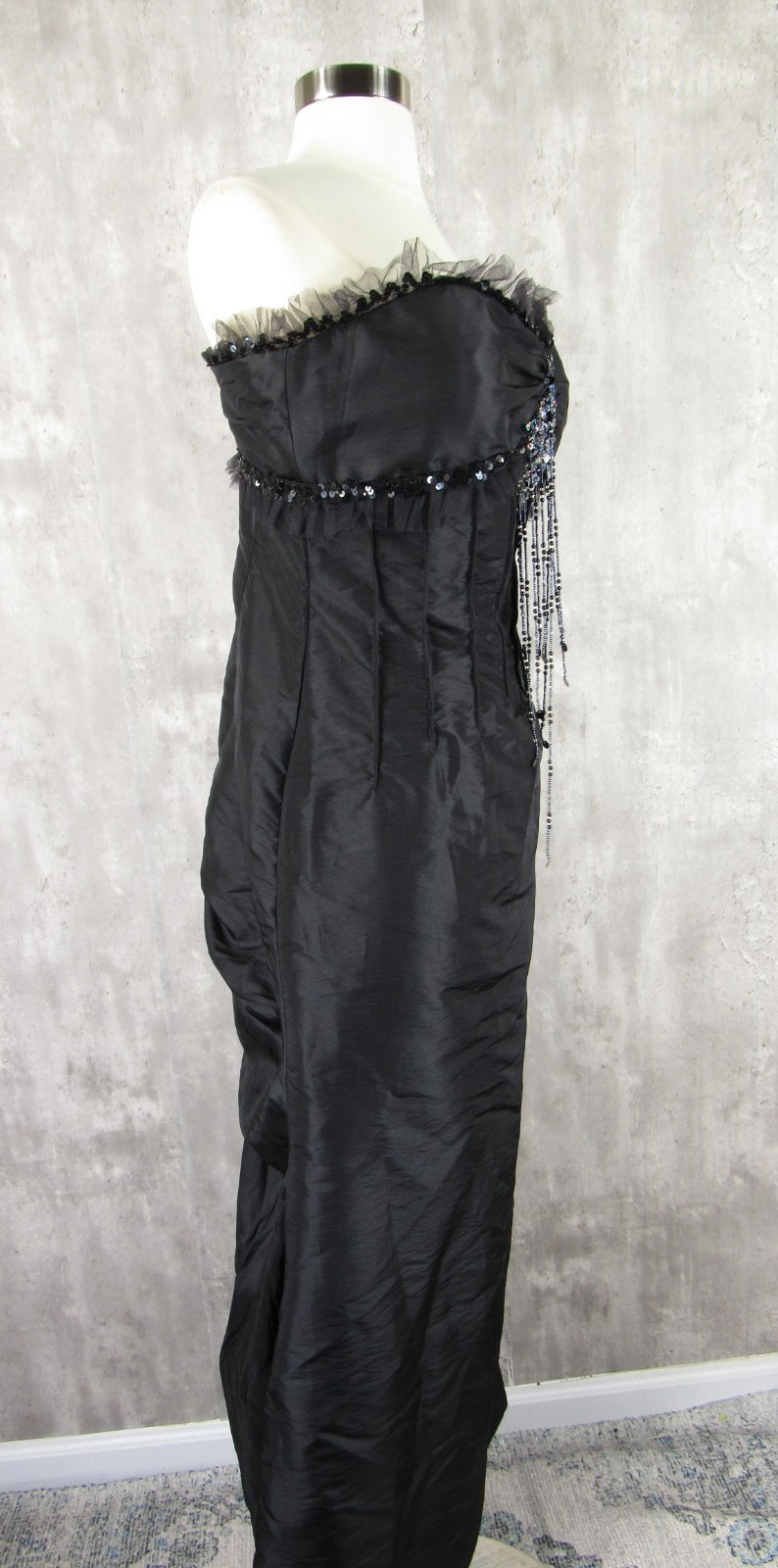 Vintage 90s Prom Black Taffeta Goth Victorian Beaded Bustle Strapless Size 12