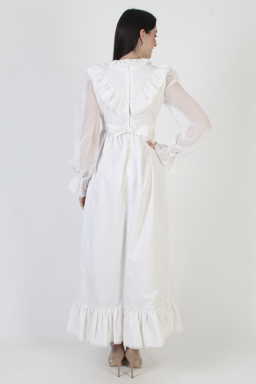 Vtg 70s White Swiss Dot Dress Victorian Wedding Bridal Prairie Long Prom Gown