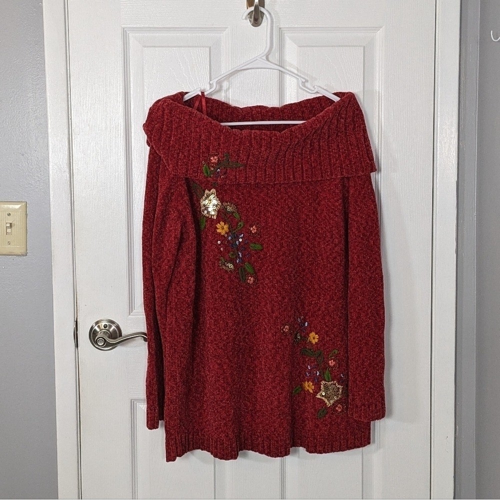 Vintage Essentials by Maggie Red Floral Sequin Embroidery Sweater Size 14/16