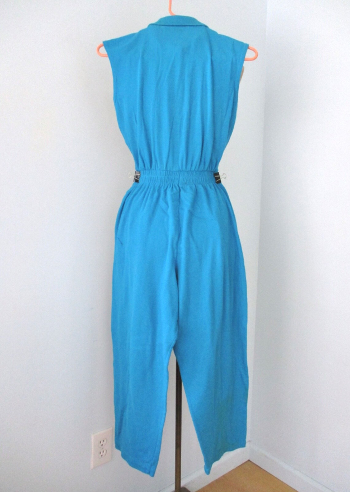 Vtg 80s New Wave Peacock Blue Sweatshirt Knit Harem Jumpsuit Polo Top Pockets S