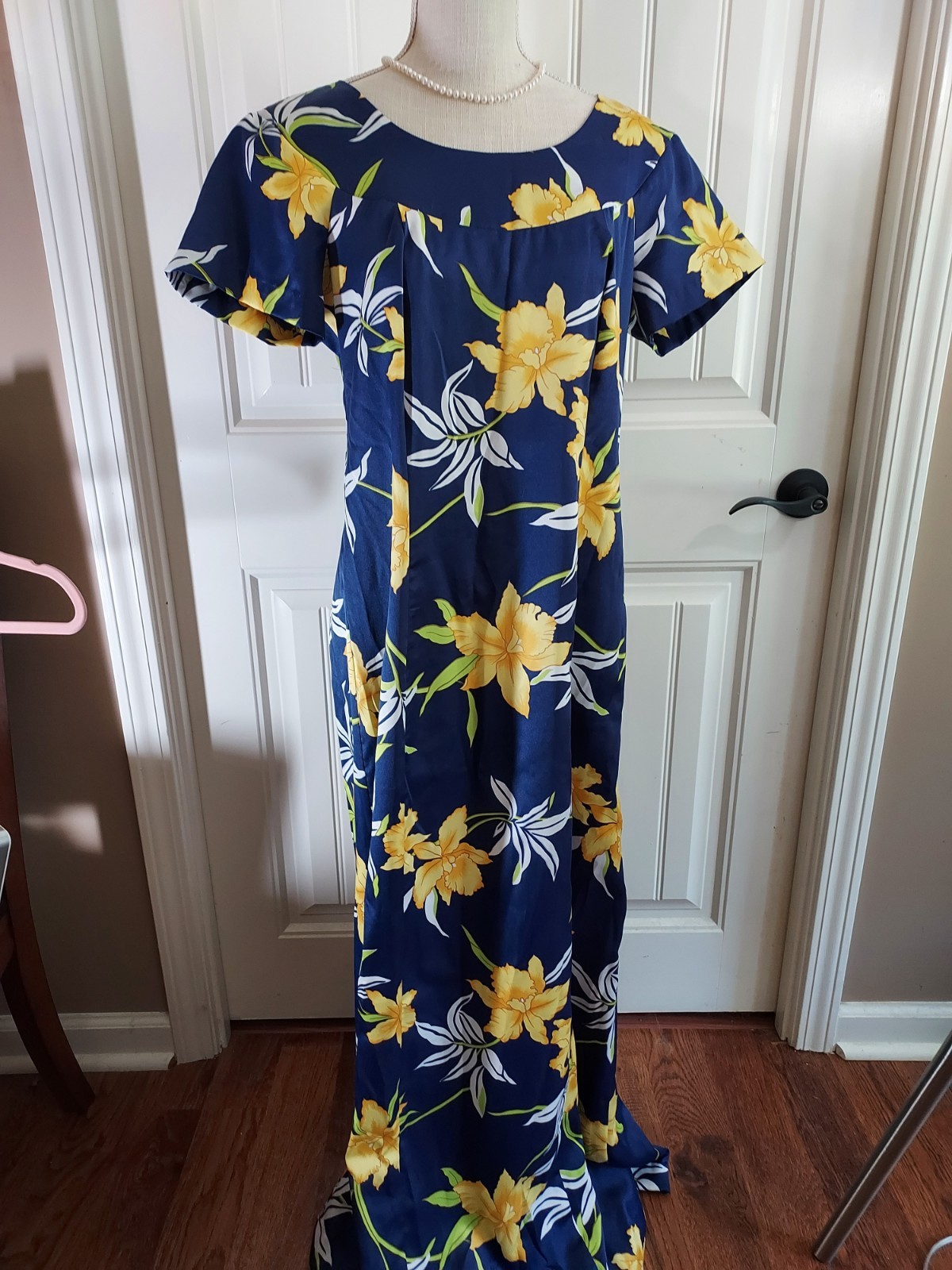 Vtg 70s Floral Maxi Dress Navy Yellow Lily Hibiscus Hawaiian Tiki Resort M L 53″