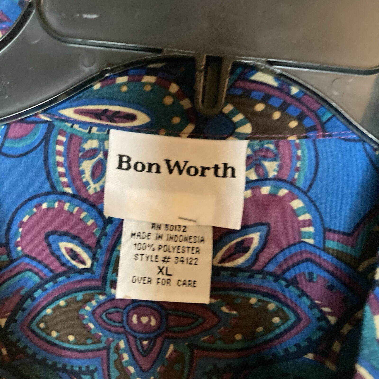 Vintage Bon Worth Blouse Size XL Floral Geometric Boho Hippie Long Sleeve Zip Up