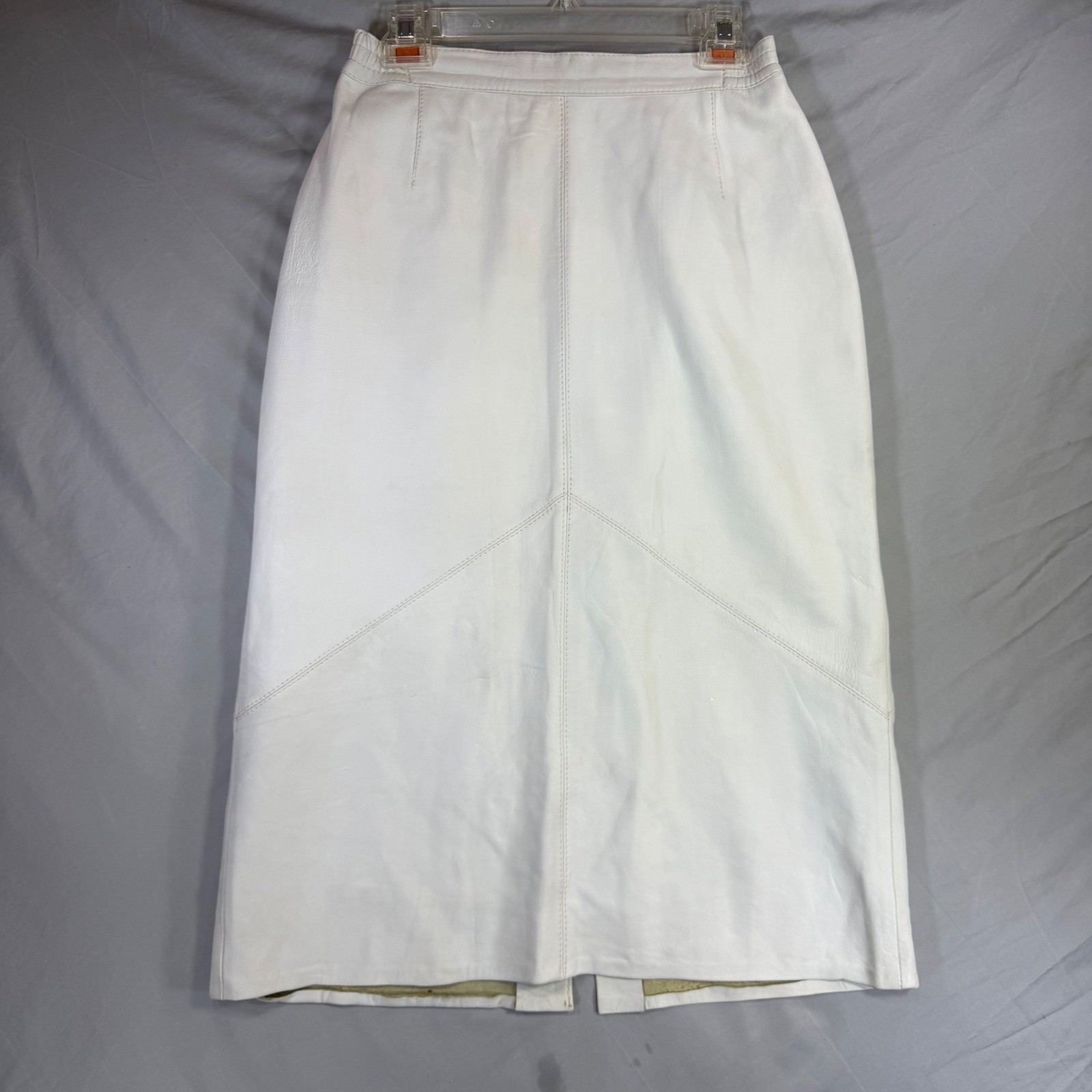 Vintage White Leather Pencil Skirt Midi Length Chevron Stitching High Waist 25