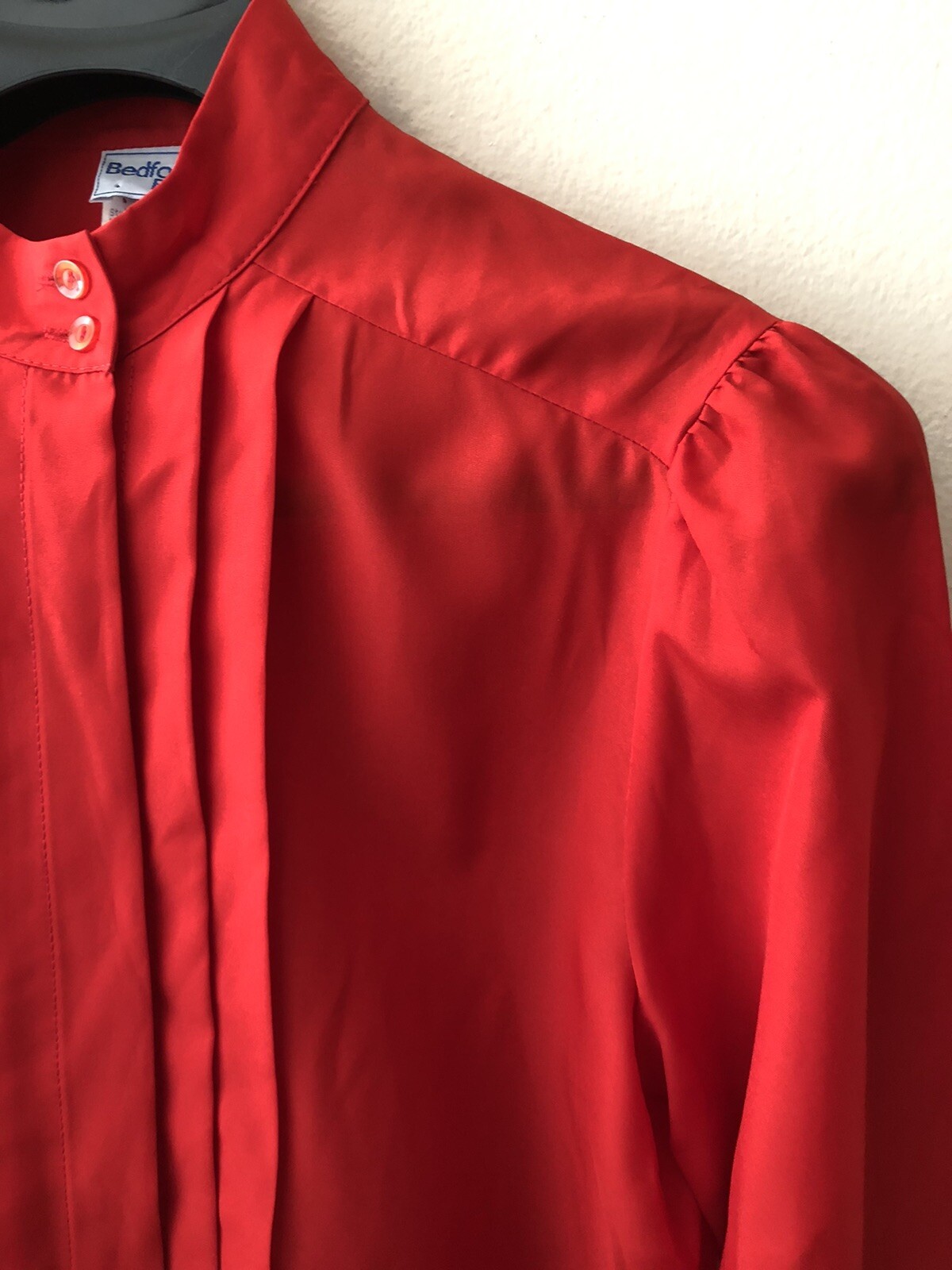 Vintage ’80s Bedford Fair Bright Red Secretary Blouse with Front Pleats L XL 14