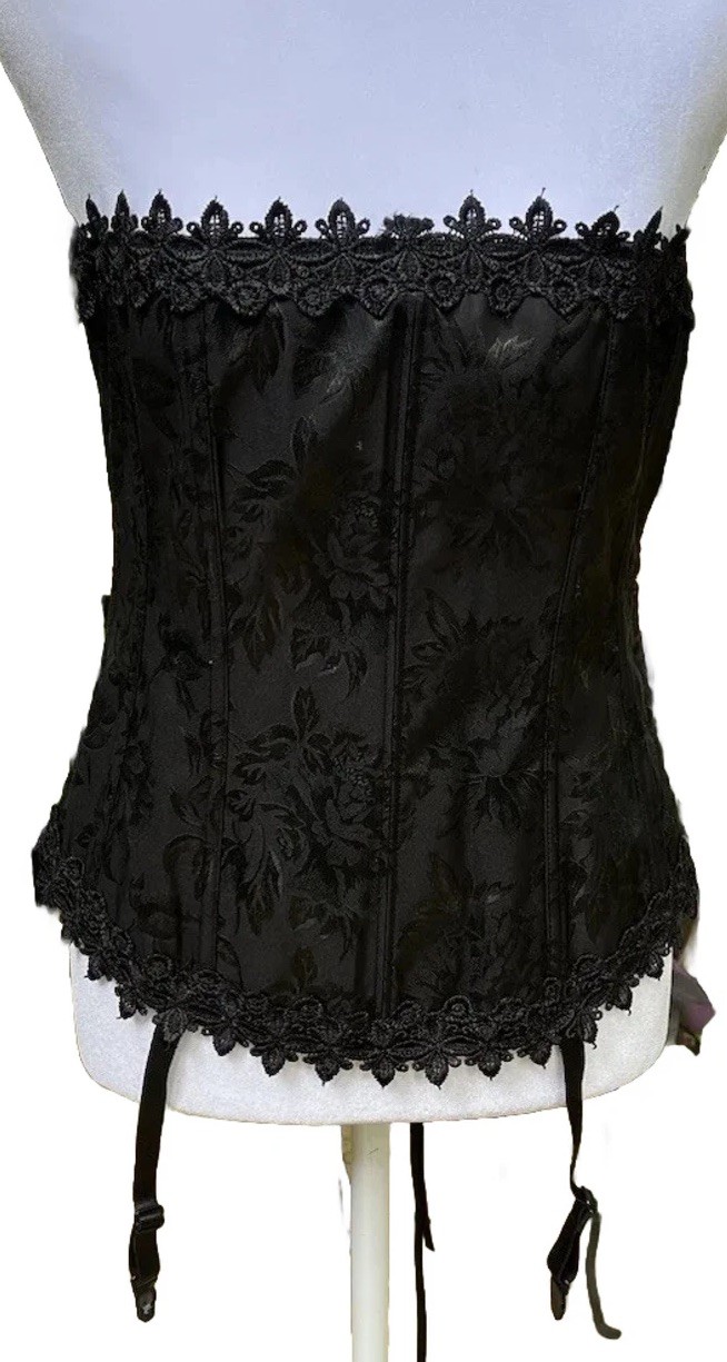 New Bustier Corset 4 Garters Laced Boning Floral Jacquard Push Up Black XL 1X 2X