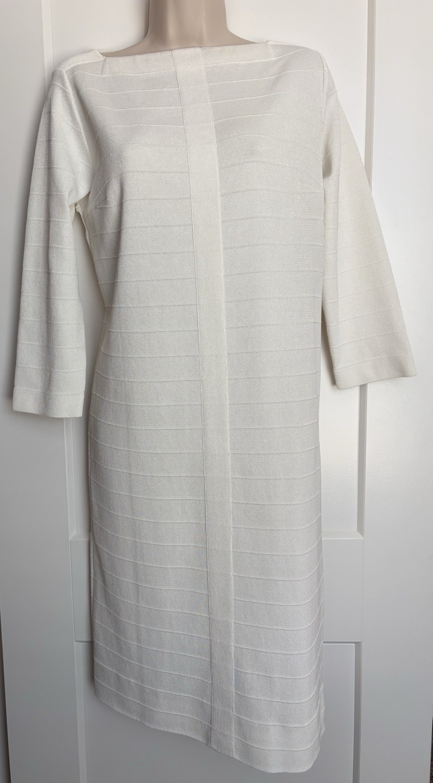 Vintage Kimberly White Sweater Dress Square Boat Neck Ribbed Knit 100% Dacron