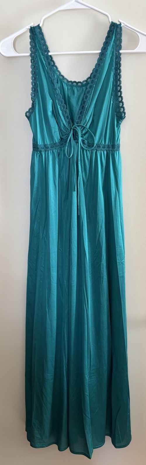 Vtg 1970s Miss Elaine Long Gown Teal Sz S Petite Union Made Lace Trim
