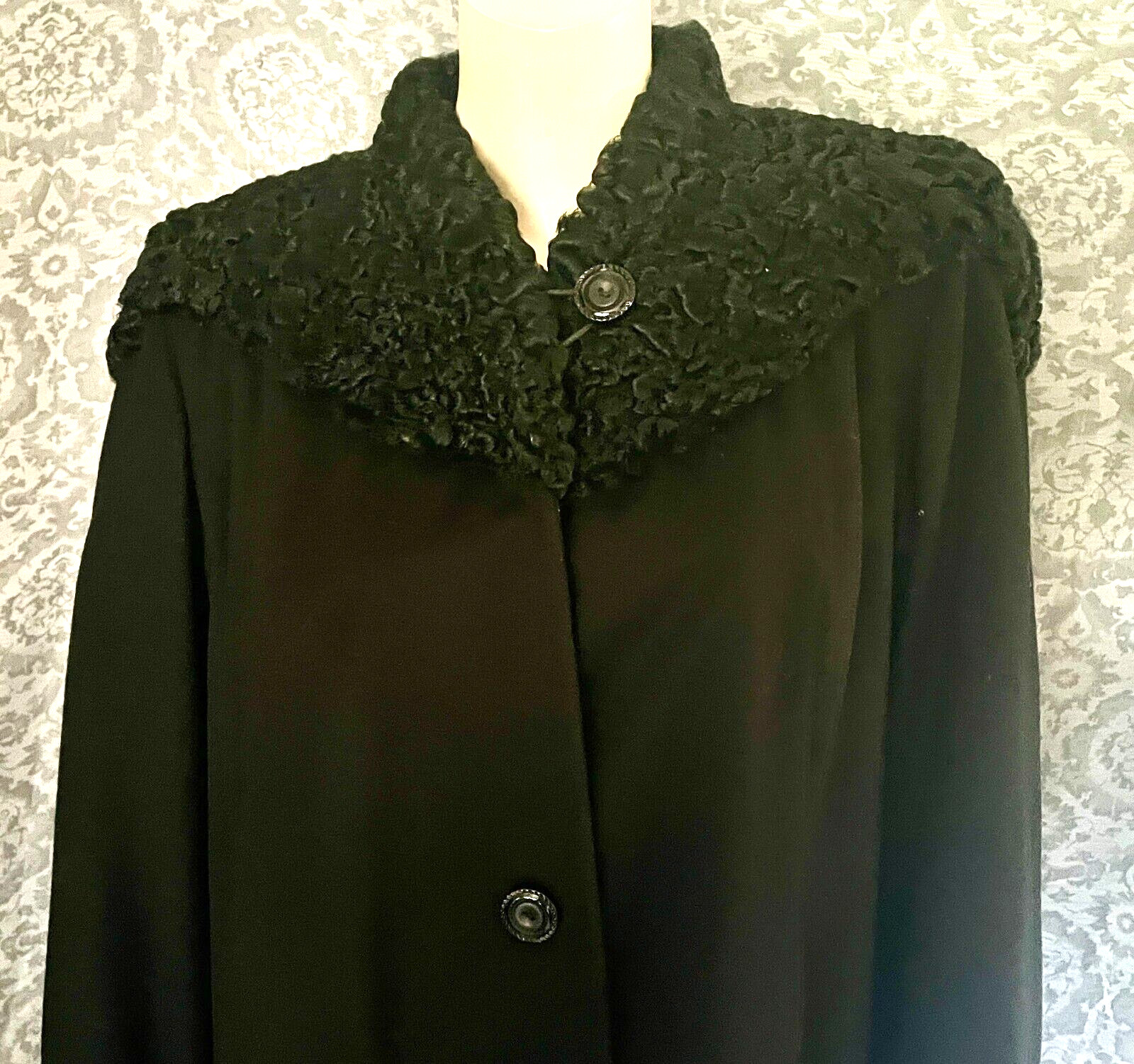 Late 1940s Inky Black Wool Coat, Fabulous Persian Lamb Collar, Excellent, L -XL