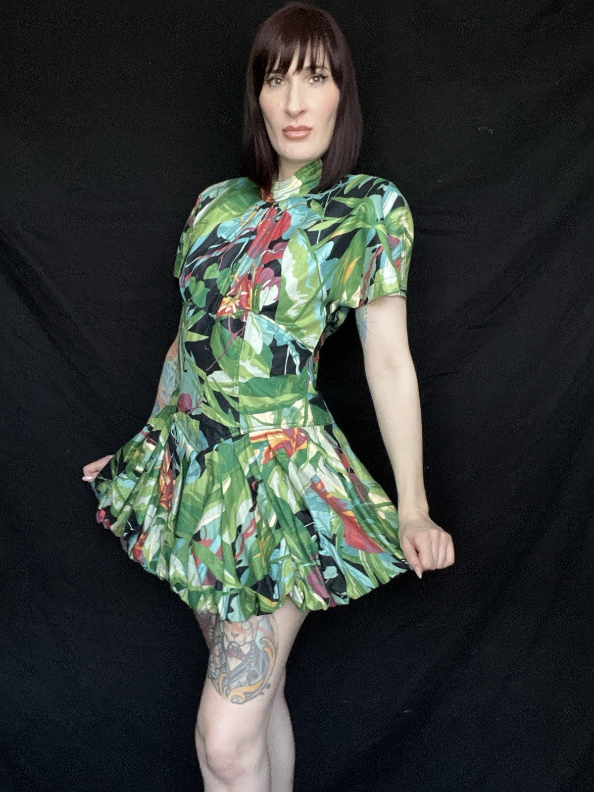 Vintage KAREN ALEXANDER 1980s Tropical Floral Print Cotton Bubble Skirt Dress M