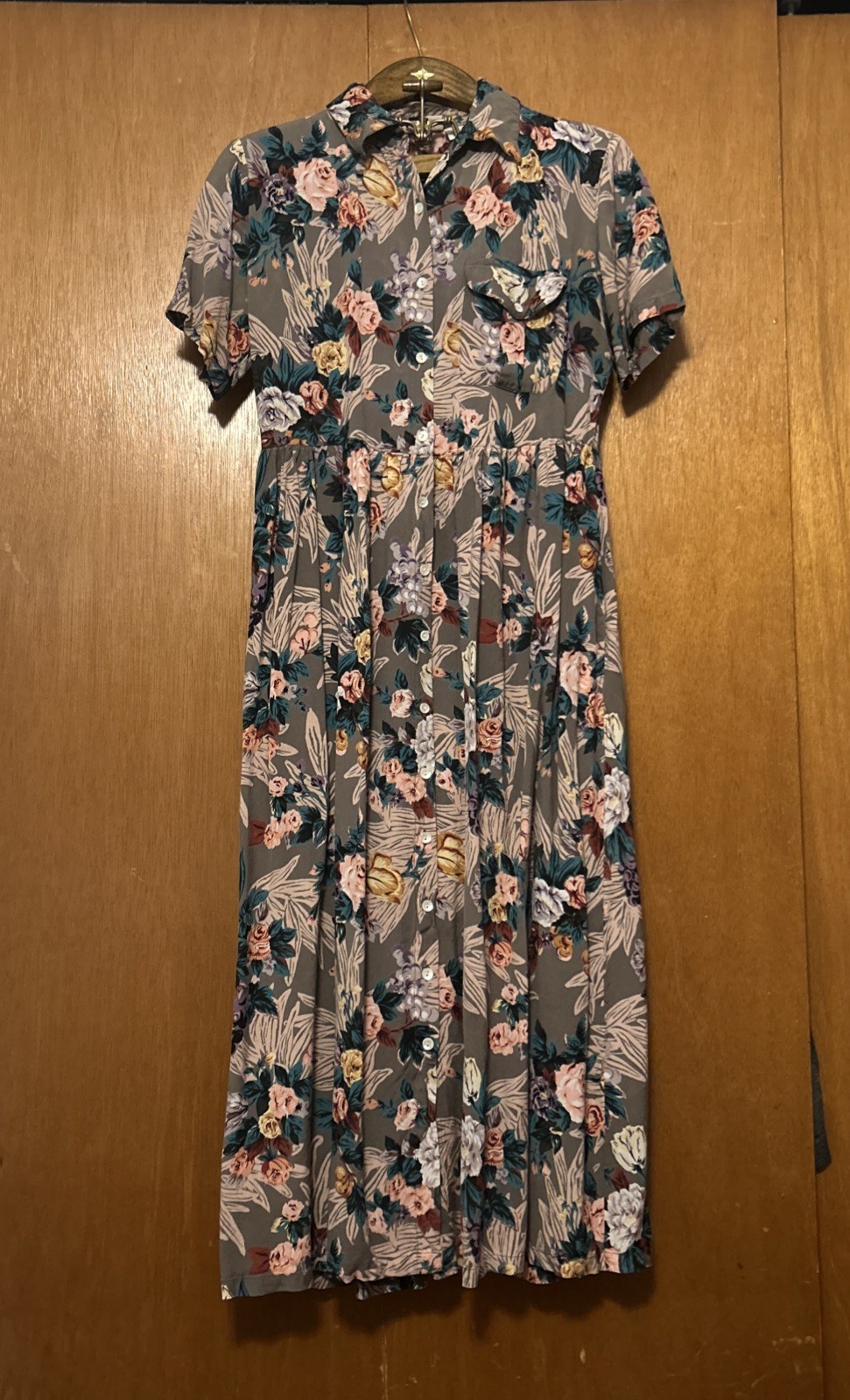 Vintage Together! Bold Floral Khaki Short Sleeve Button Dress Size 6 W/ Pockets