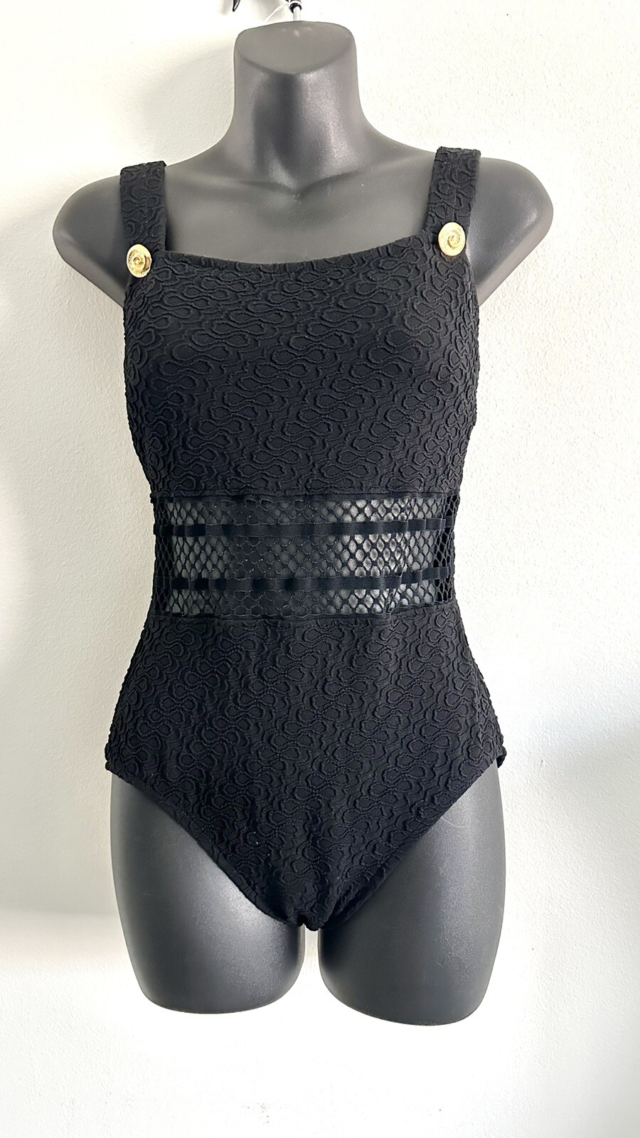 Vintage 90s One Piece Black Textured Bathing Suit Gold Buttons Mesh Small
