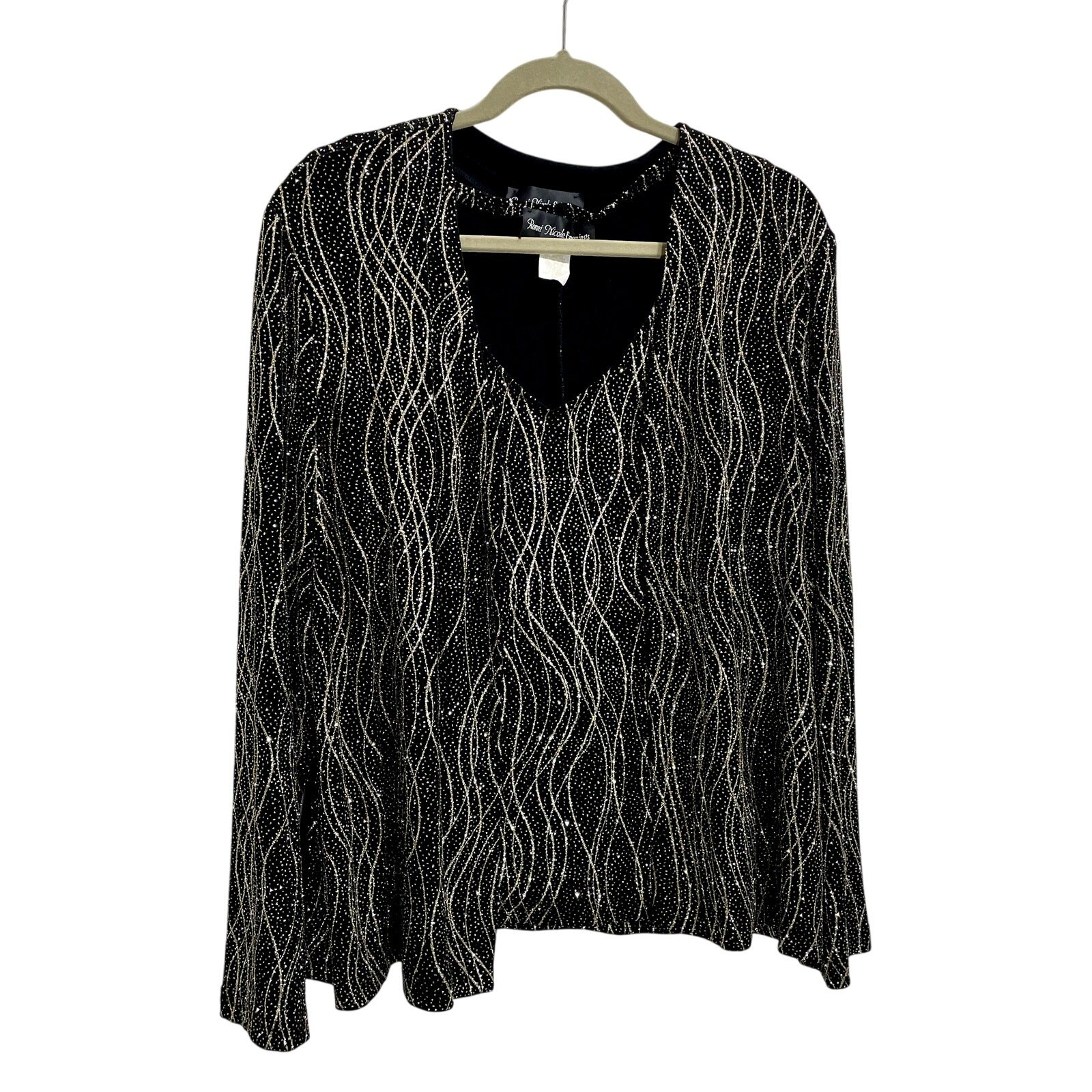 Vintage 90s Ronni Nicole Evenings Black Gold Glitter Cardigan Blouse Set – XL