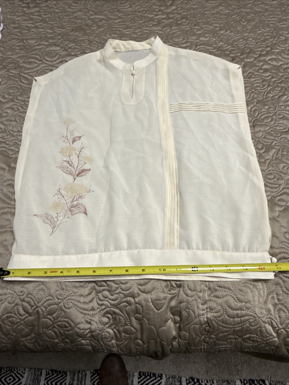 Vintage Hand-Sewn Sheer Blouse Mandarin Collar Floral Motif Artisan Made S/M
