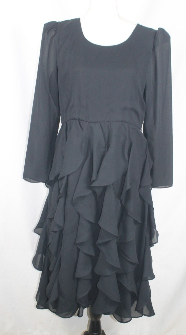 Claralura Originals Black Cocktail Dress 12 Midi Tiered Ruffles Gothic Wednesday