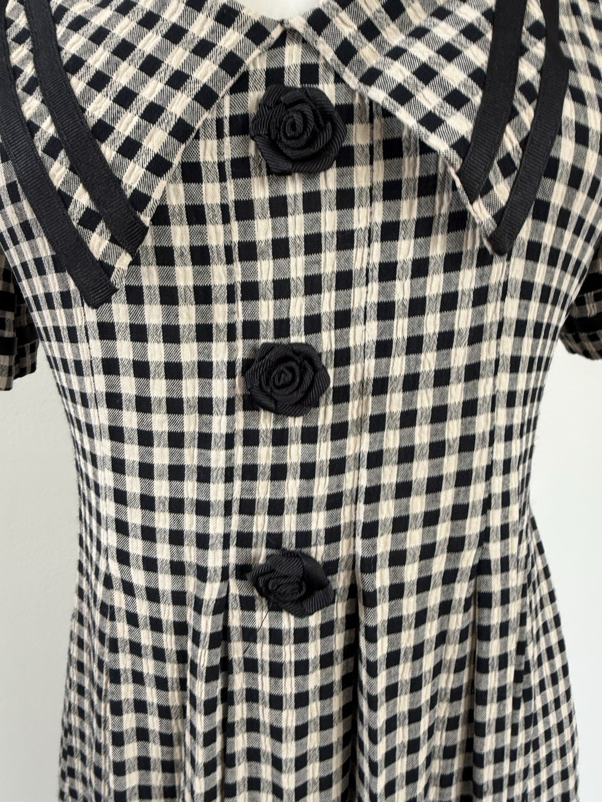 Vintage J.B.S. Womans Black/White Check SS VNeck Shoulder Pads Long Dress -Sz M