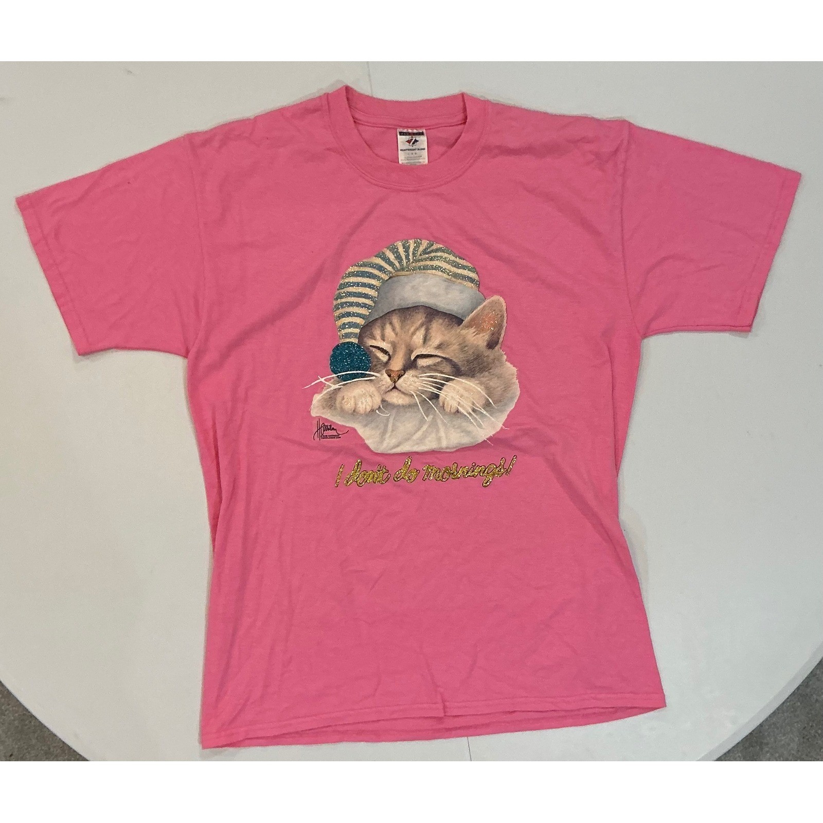 VTG Y2K Cat Cute Pink I Dont Do Mornings T Shirt Womens L Soft Girl Kawaii
