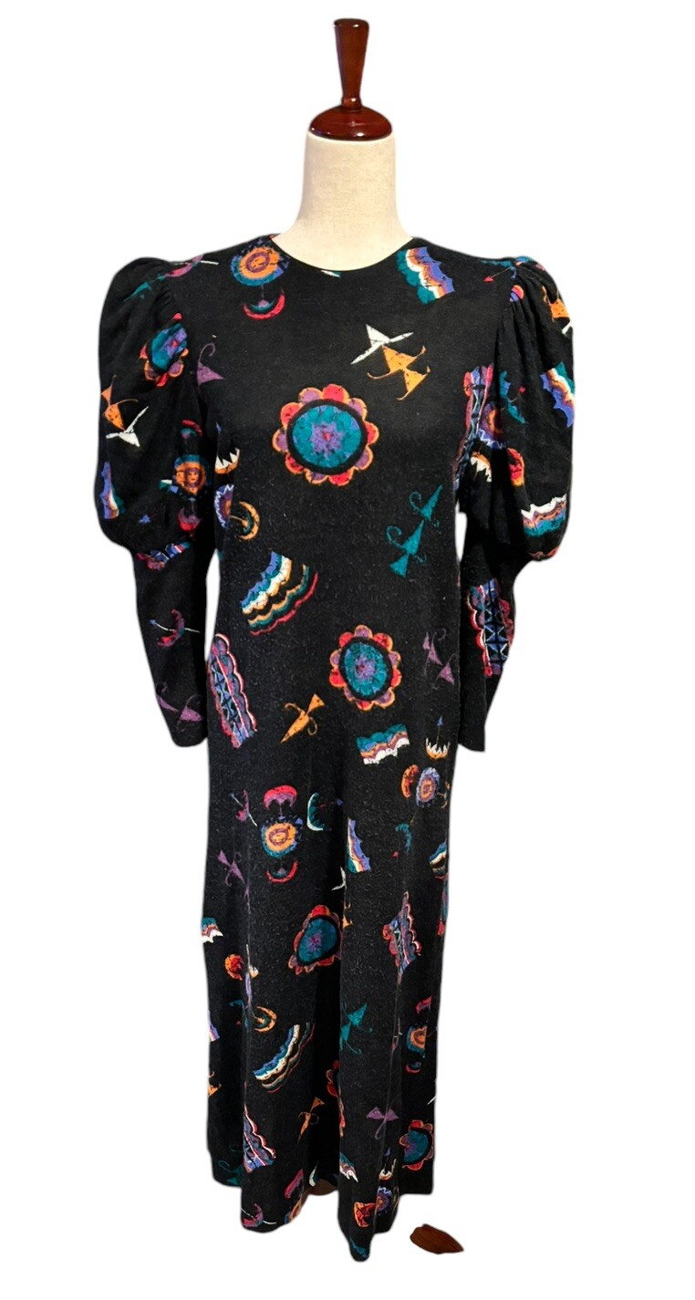 Vtg 70s David Brown Hippie Maxi Dress Gown Black Multicolored Women’s S