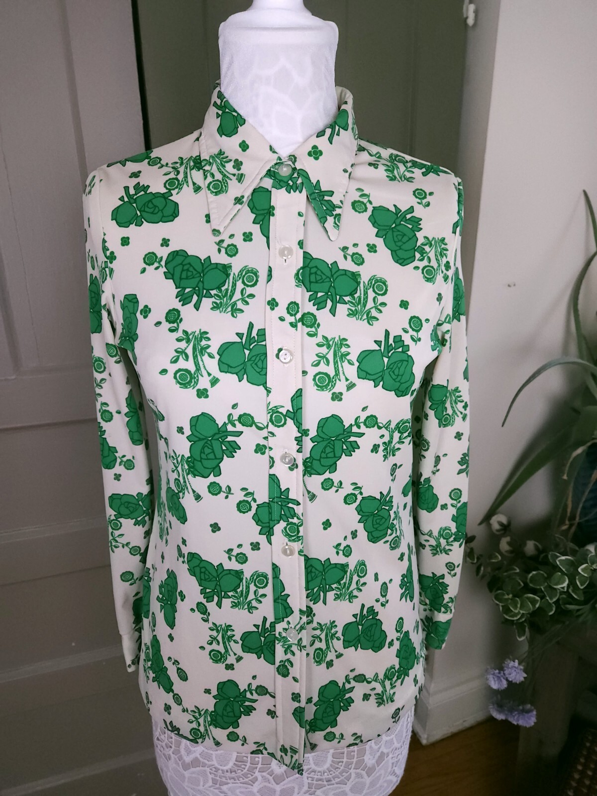 Alex Colman Vintage 70s California Point Collar Top Green Cream Small
