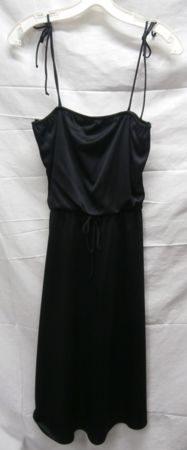 Women’s Vtg 1970s Spaghetti Strap Shoulder Tie Disco Black Sundress Dress (READ)