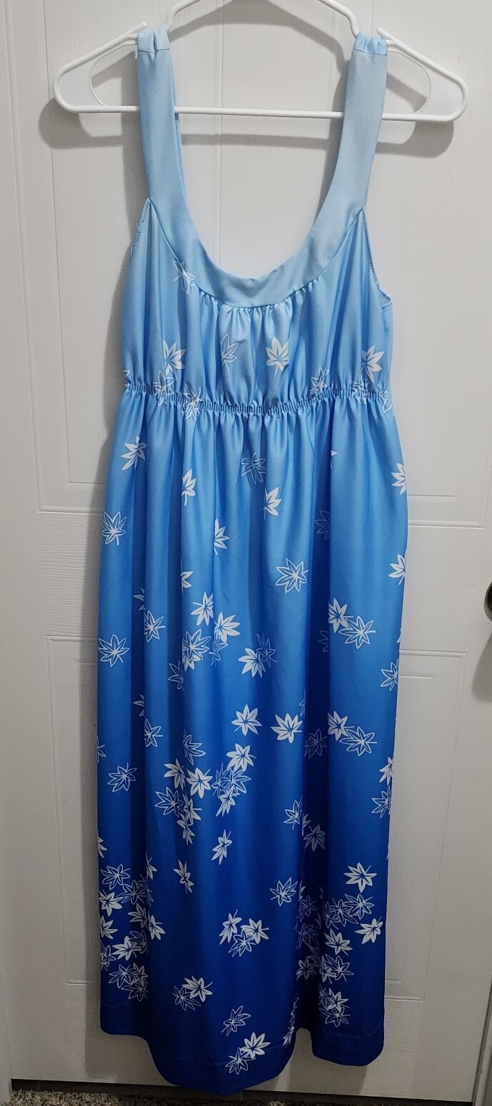 Vtg 60s Travel Lite By Boutique Womens Loungewear Dress Blue Ombre Floral Sz L