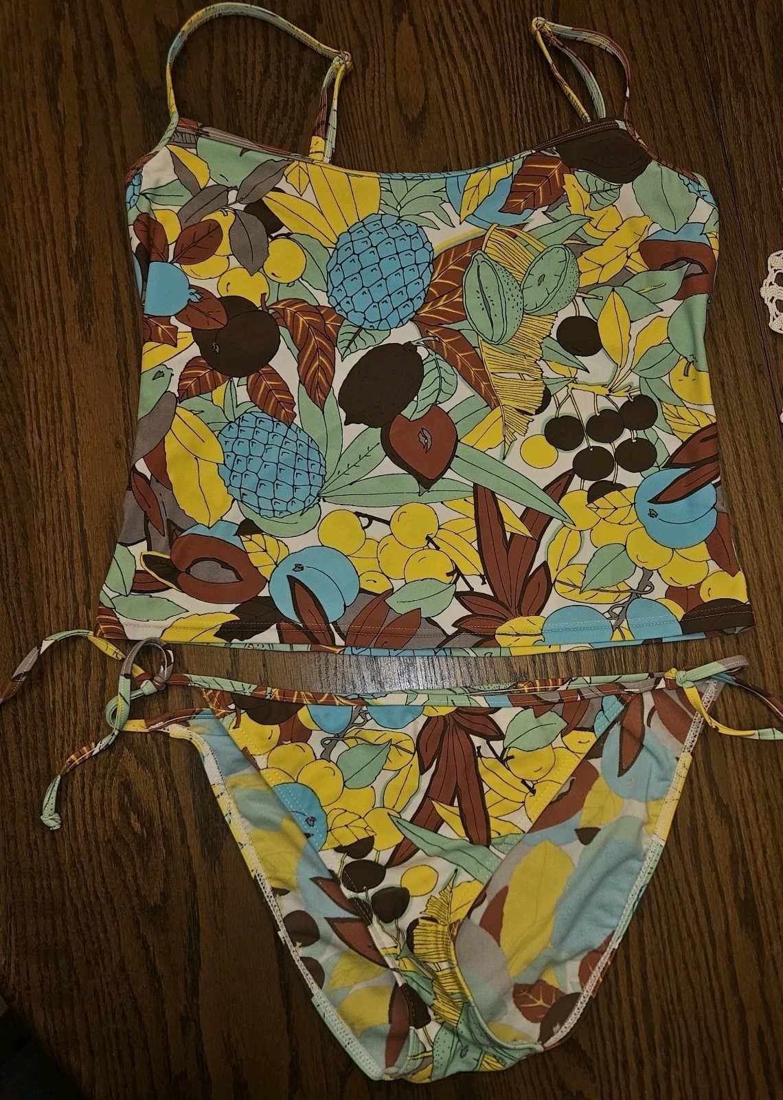 Redherring Vtg 90s Y2K Tankini Swimsuit UK 14 US 10 String Bottom Fruit Print