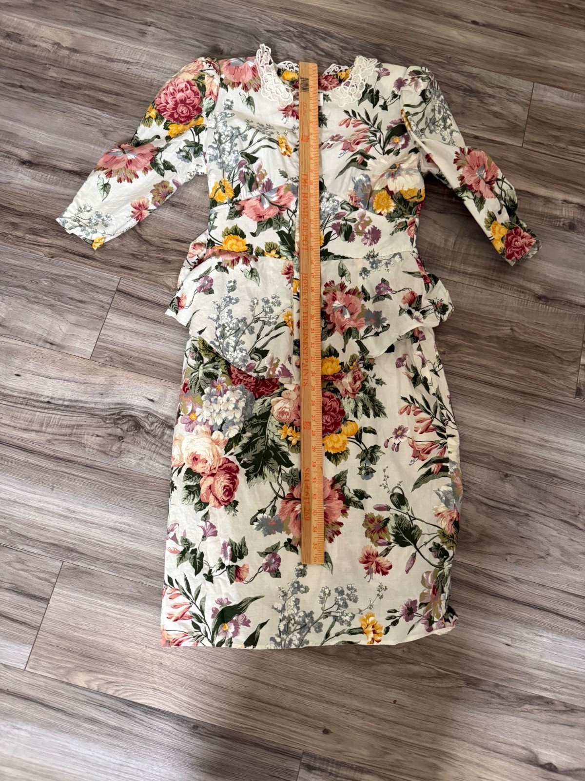 Vintage 80 My Michelle Floral Peplum Dress Puff Sleeves Lace Collar Cotton M USA