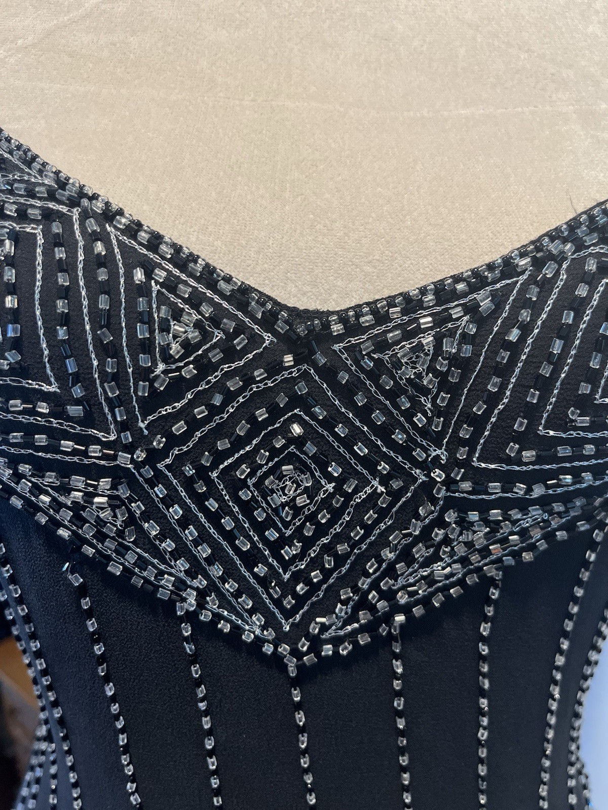 Papell Boutique Evening Black Silk Silver Beaded Cocktail Dress Flapper Gatsby 8